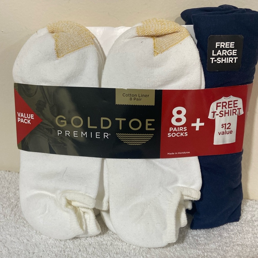 Gold Toe Cotton Premier Liner 8 pair & Free T-Shirt L(Blue)